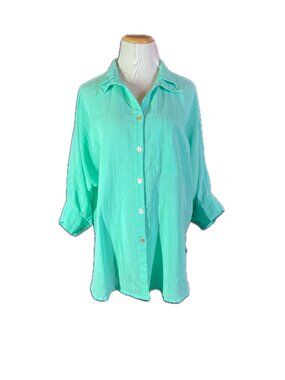 Fridaze Size S Seafoam Green Linen Tunic 3/4 Sleeves Curved Hem